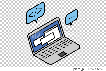 ノートパソコンでプログラミングするシンプルな線画アイコン、アイソメトリックイラスト 128233287