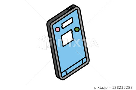 スマホのSNSアプリで連絡するシンプルな線画アイコン、アイソメトリックイラスト 128233288