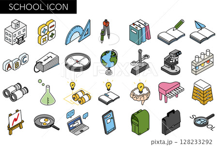 学校・勉強のシンプルな線画アイコンセット、アイソメトリックイラスト 128233292