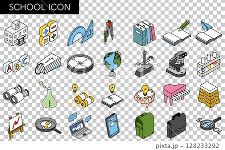 学校・勉強のシンプルな線画アイコンセット、アイソメトリックイラスト 128233292