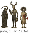 ホラーキャラクター素材 vol.2｜死神・鹿頭獣・血まみれ女の全身イラスト（背景透過） 128233341