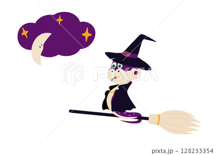 Witch Snake in Hat and Cloak Flying on broom and Half Moon Cloud and Decorative stars Cute Character 128233354