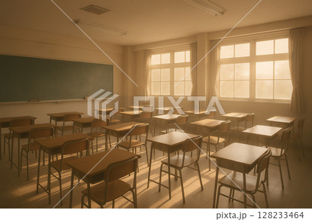 夕陽が差し込む静まり返った教室の風景 夕陽が差し込む静まり返った教室の風景 128233464