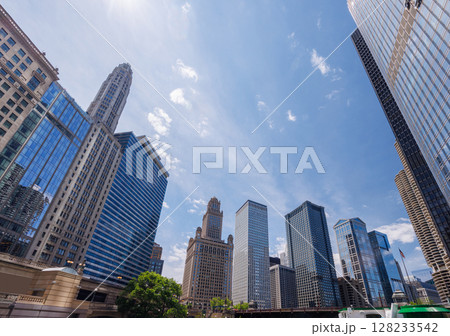 Vibrant sunny view of Chicago downtown skyline under a blue sky Vibrant sunny view of Chicago downtown skyline under a blue sky 128233542
