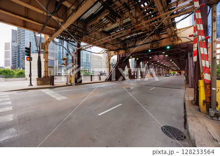 Photo of Chicago taken from a car and railway bridge 128233564