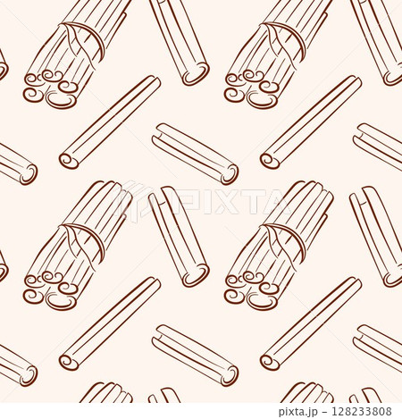 Line art style cinnamon stick seamless pattern. Exotic spice for store package, cafe menu design. Line art style cinnamon stick seamless pattern. Exotic spice for store package, cafe menu design. 128233808