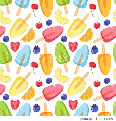 Seamless pattern with colorful cartoon style frozen ice cream on white background. Design with blueberry, strawberry, orange fruit, cherry and pineapple for summer packaging, cafe product, fabric. 128233809