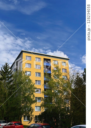facade of a modern apartment building with windows and balconies. Czech Republic - Europe. 128234038
