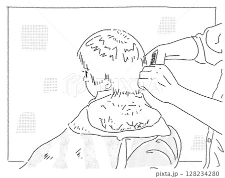 床屋で髪を切る子供　白黒 128234280