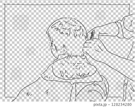 床屋で髪を切る子供　白黒 128234280