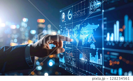 男性がスクリーンのパネルをタッチして操作している近未来的でバーチャルなイメージ。 128234561