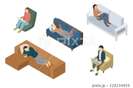 アイソメトリックイラスト：ソファでくつろぐ人 128234958