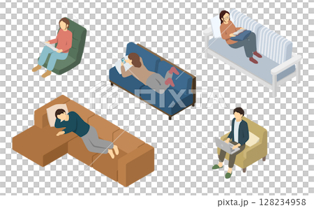 アイソメトリックイラスト：ソファでくつろぐ人 128234958
