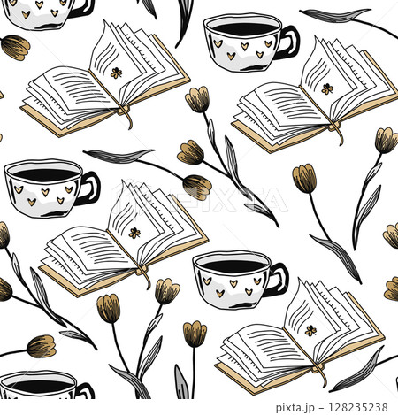 Hand drawn seamless pattern with tulip flowers and open book, doodle sketch drawing. Vector vintage book isolated on white background. Graphic illustration. 128235238