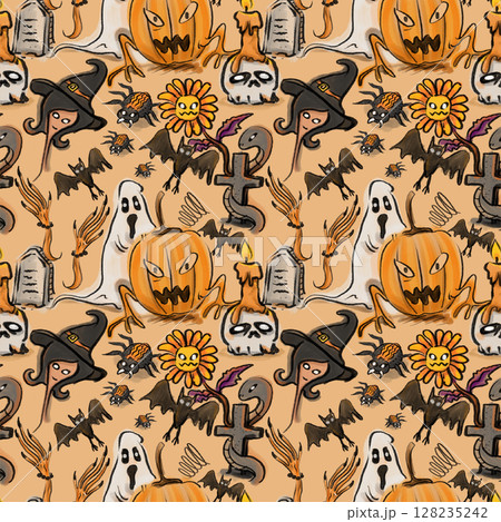 Illustration pattern of Halloween theme, seamless cute hand-drawn pattern of the evils for Halloween. 128235242