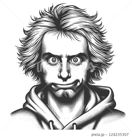 Wild Haired Man Making Goofy Face engraving vector Wild Haired Man Making Goofy Face engraving vector 128235307