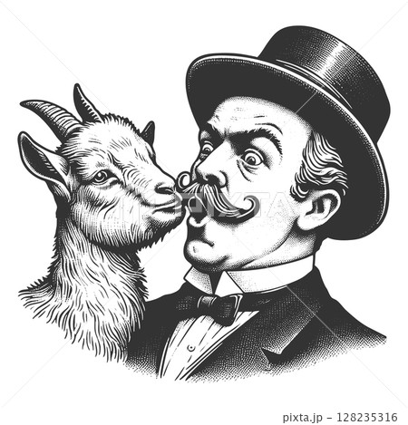 Man Shocked by Goat Kiss raster illustration Man Shocked by Goat Kiss raster illustration 128235316