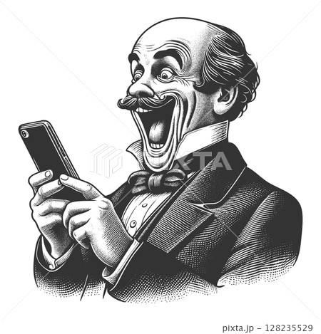 Surprised Victorian Man Looking at Smartphone Surprised Victorian Man Looking at Smartphone 128235529