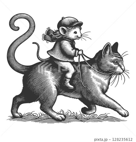 Mouse Riding a Cat engraving vector illustration Mouse Riding a Cat engraving vector illustration 128235612