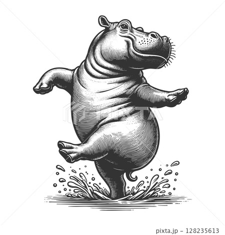 Dancing Hippopotamus engraving raster illustration Dancing Hippopotamus engraving raster illustration 128235613