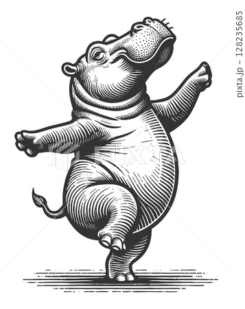 Dancing Hippopotamus engraving raster illustration Dancing Hippopotamus engraving raster illustration 128235685
