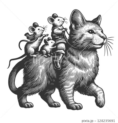 Mouse Riding a Cat engraving vector illustration Mouse Riding a Cat engraving vector illustration 128235691