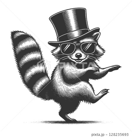 Dancing Raccoon in Top Hat and Sunglasses raster Dancing Raccoon in Top Hat and Sunglasses raster 128235693