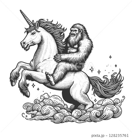 Yeti Riding a Unicorn in Surreal sketch vector 128235761