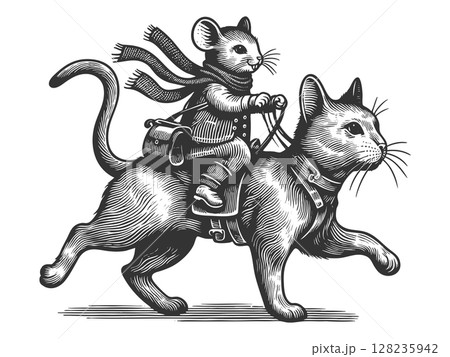 Mouse Riding a Cat engraving vector illustration 128235942