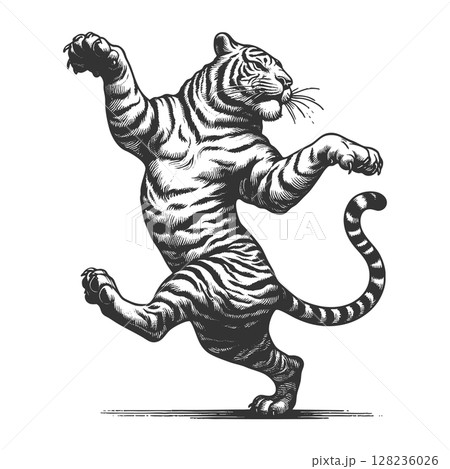 Dancing Tiger engraving sketch raster illustration 128236026