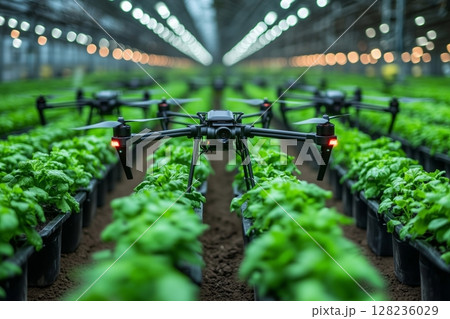 a group of drones scanning soil and plant health in a futuristic smart farm, rows of plants in perfect alignment, bright and clean lighting 128236029