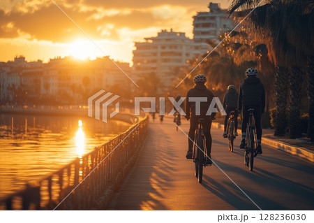 a group of friends riding bicycles on a dedicated bike path along a waterfront, with vibrant city views and reflections on the water, warm golden hour lighting 128236030