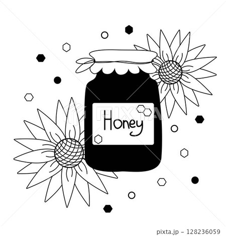 Cute bee ,Honey pot and sunflowers composition. Vector graphic line illustration. icon isolated on white background. Perfect for cards, decorations, stickers, logo, menu, various designs. 128236059