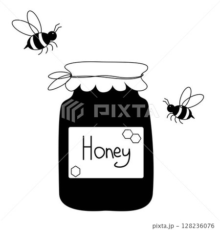 Honey jar and bees composition. Vector graphic line illustration. Silhouette sign for logo, print, comics, fashion, pop art, boards, design, stickers, decoration, posters Honey jar and bees composition. Vector graphic line illustration. Silhouette sign for logo, print, comics, fashion, pop art, boards, design, stickers, decoration, posters 128236076