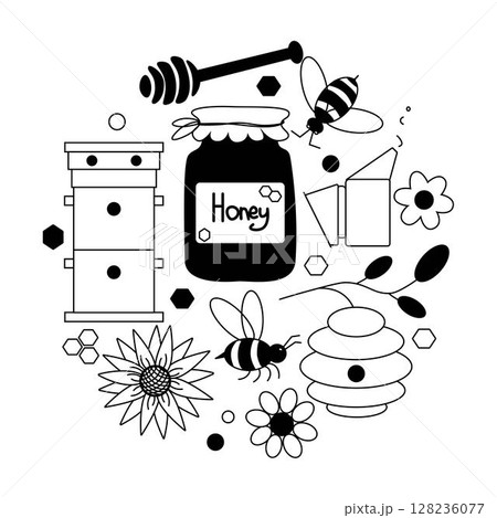 Honey cartoon doodle objects, symbols and items. Round composition. Vector graphic line illustration. Banner, poster, wrapping paper, sticker, print, modern textile design. 128236077