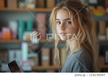 a teenage girl managing her online store, packaging items in colorful boxes, with a laptop open to her e-commerce dashboard, in a bright and organized workspace 128236097