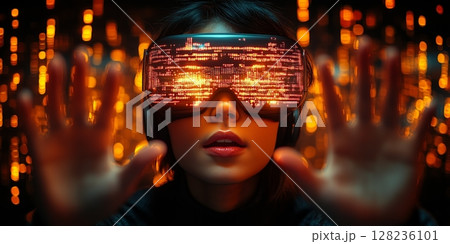 a young professional wearing a sleek VR headset, reaching out as if interacting with virtual elements, glowing digital graphics surrounding them a young professional wearing a sleek VR headset, reaching out as if interacting with virtual elements, glowing digital graphics surrounding them 128236101