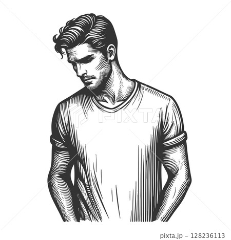 Sad Young Man engraving sketch raster illustration Sad Young Man engraving sketch raster illustration 128236113