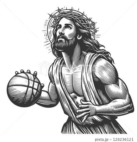 Jesus playing Basketball engraving sketch vector Jesus playing Basketball engraving sketch vector 128236121
