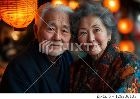 an elderly couple sitting together at an Obon celebration, surrounded by glowing lanterns and vibrant festival decorations 128236135