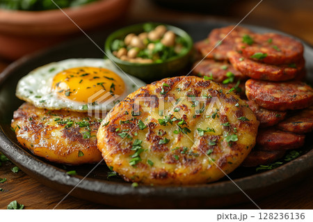 Ecuadorian llapingachos, potato patties, served with chorizo, a fried egg, and peanut sauce, arranged on a rustic ceramic plate, with warm ambient light highlighting the textures 128236136