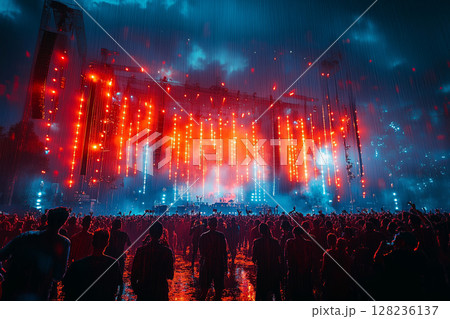 festivalgoers enjoying a live concert, with a brightly lit stage 128236137