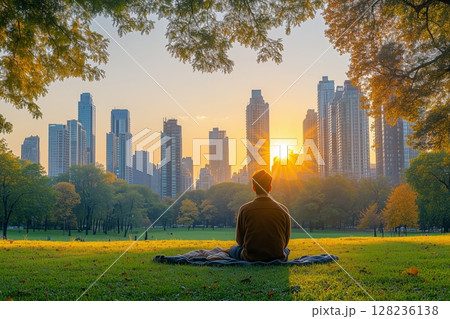 friends having a picnic in a well maintained urban green space, with vibrant city skyscrapers 128236138