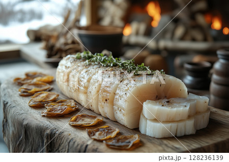 Greenlandic mattak, whale skin with blubber, arranged on a wooden plate, accompanied by small slices of dried fish, served with traditional Arctic decorations in the background, bright natural 128236139