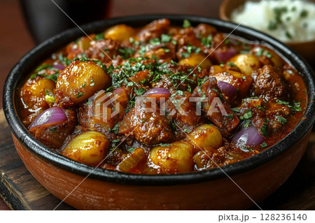 Nigerian nkwobi, spicy cow foot dish, served in a traditional clay pot, garnished with onions and fresh herbs, with a side of palm wine in a calabash, under soft natural light 128236140