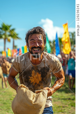 traditional Sabantuy games, men competing in a sack race in a green field, festive flags and cheering spectators in the background 128236141