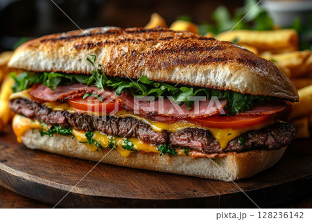 Uruguayan chivito sandwich, layered with steak, ham, cheese, lettuce, and tomatoes, served with crispy fries on a wooden platter, bright daylight highlighting the dish's vibrant colors 128236142