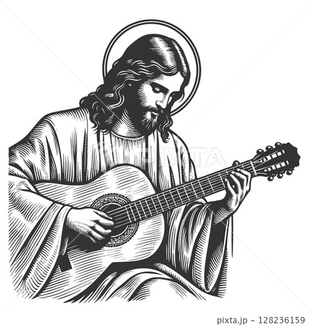 Jesus Christ Playing Guitar engraving vector Jesus Christ Playing Guitar engraving vector 128236159