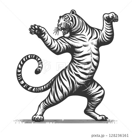 Dancing Tiger engraving sketch raster illustration 128236161