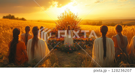 a traditional Lughnasadh harvest ritual, a group of people dressed in Celtic inspired attire, gathered around a decorated altar in a golden wheat field 128236207